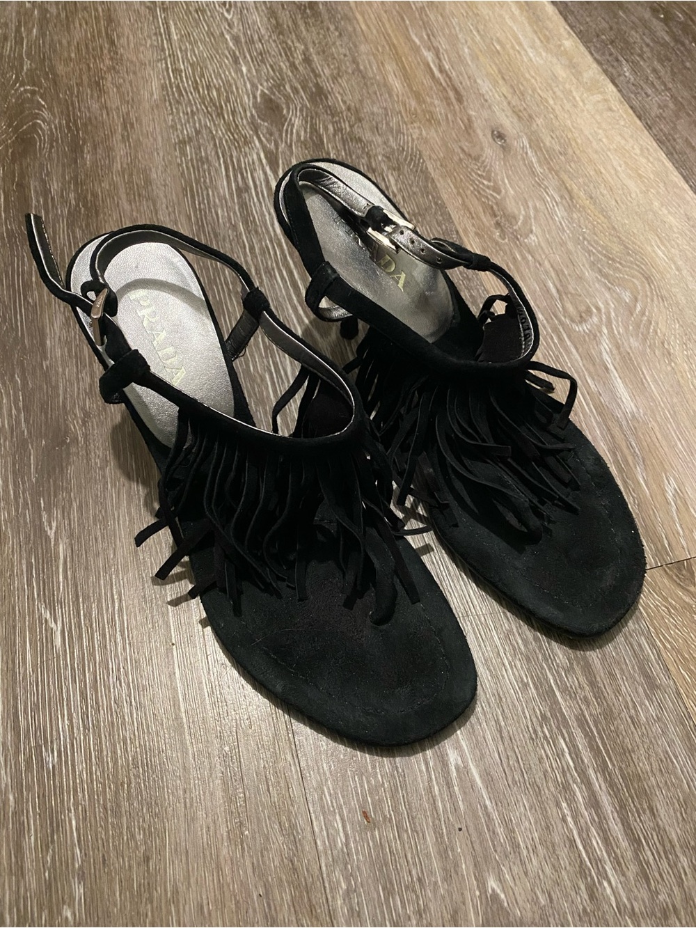 Prada Black Suede Fringe Slingback Heels